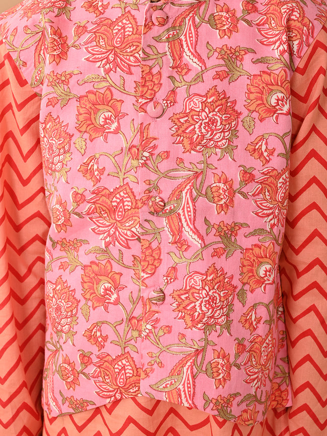 Floral Printed Kurta Pajama Set with Nehru Jacket