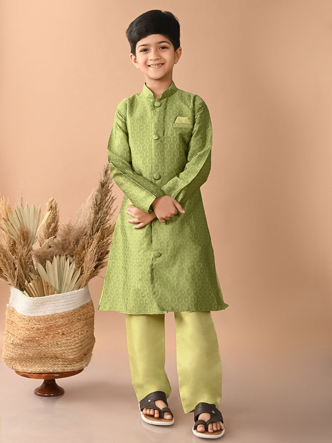 Embossed Button Down Straight Mandarin Collar Kurta Pajama Set