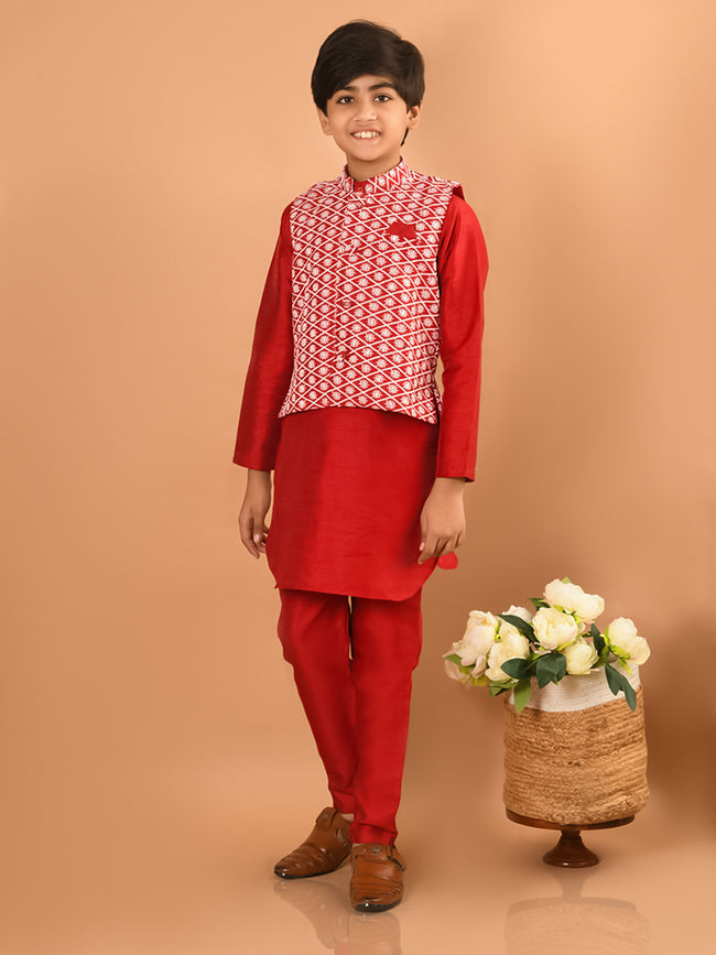 Solid Kurta Pajama Set with Embroidered Nehru Jacket