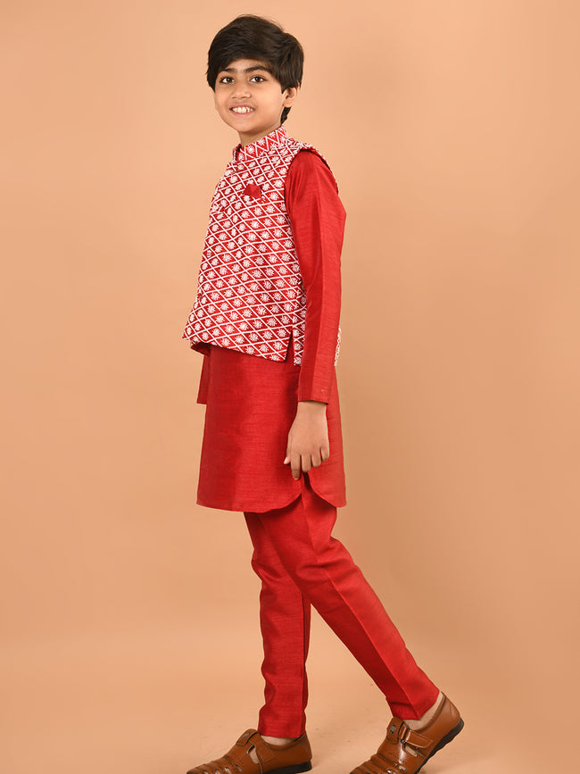 Solid Kurta Pajama Set with Embroidered Nehru Jacket