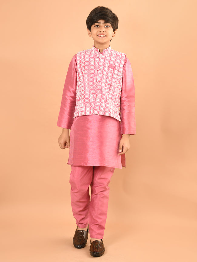 Solid Kurta Pajama Set with Embroidered Nehru Jacket