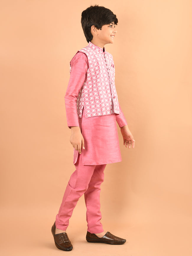 Solid Kurta Pajama Set with Embroidered Nehru Jacket
