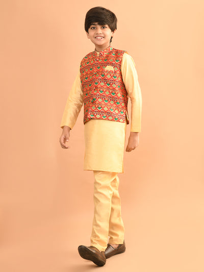 Solid Kurta Pajama Set with Brocade Jacket