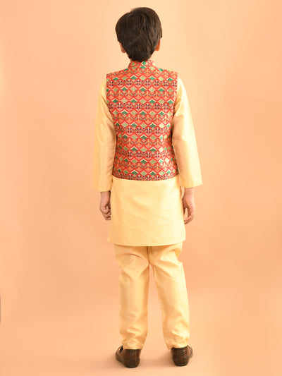 Solid Kurta Pajama Set with Brocade Jacket