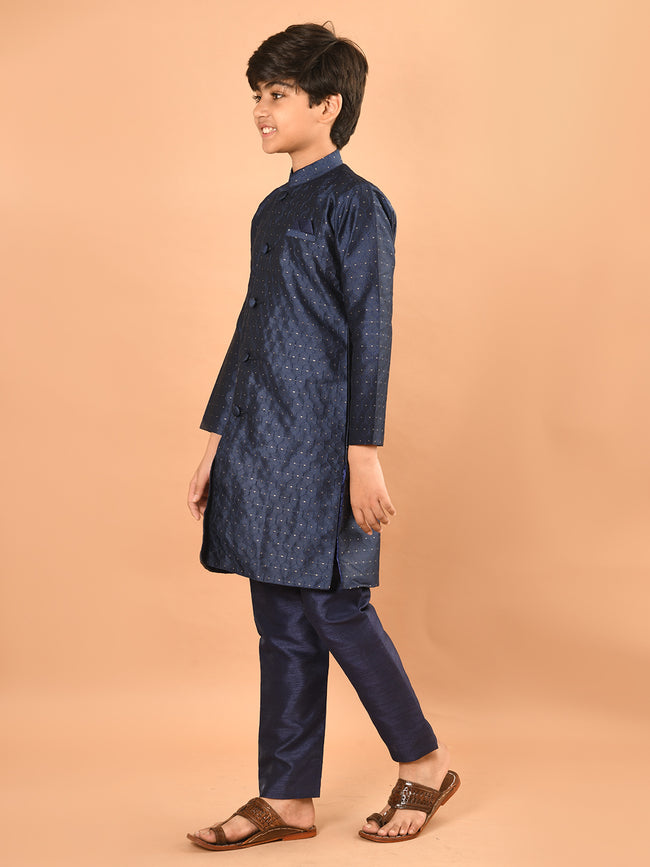 Embossed Button Down Straight Mandarin Collar Kurta Pajama Set