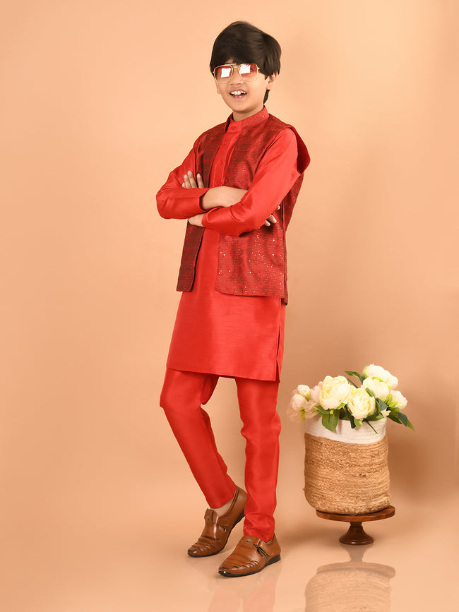 Solid Kurta Pajama Set with Embossed Jacket