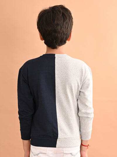 Boys Grey Blue Colourblocked Full Sleeves Sweatshirt