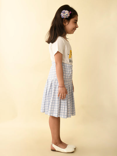 Text Printed Top with Checkered Knife Pleated Skirt Set