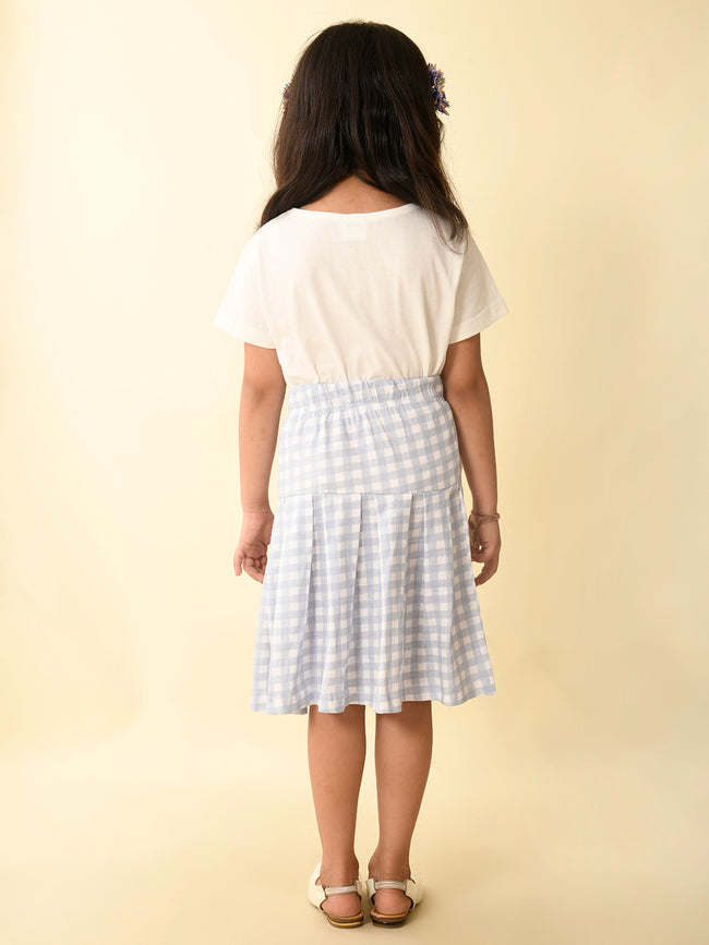 Text Printed Top with Checkered Knife Pleated Skirt Set