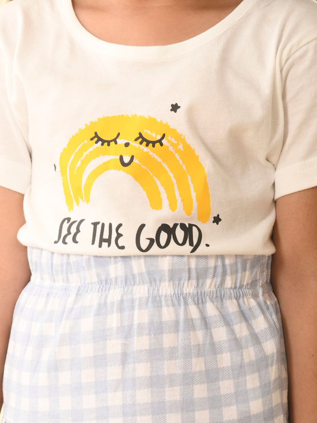 Text Printed Top with Checkered Knife Pleated Skirt Set