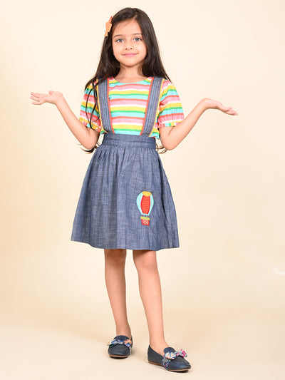 Stripes Printed Top with Denim Dungaree Skirt