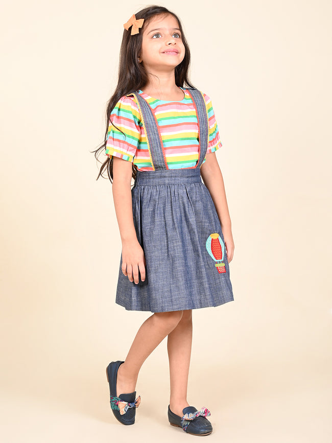 Stripes Printed Top with Denim Dungaree Skirt