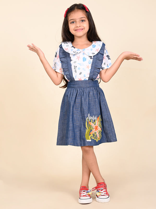 Funky Printed Top with Applique Denim Dungaree Skirt