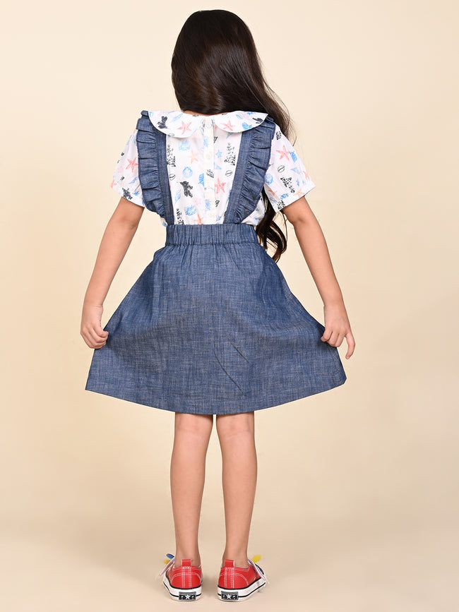 Funky Printed Top with Applique Denim Dungaree Skirt