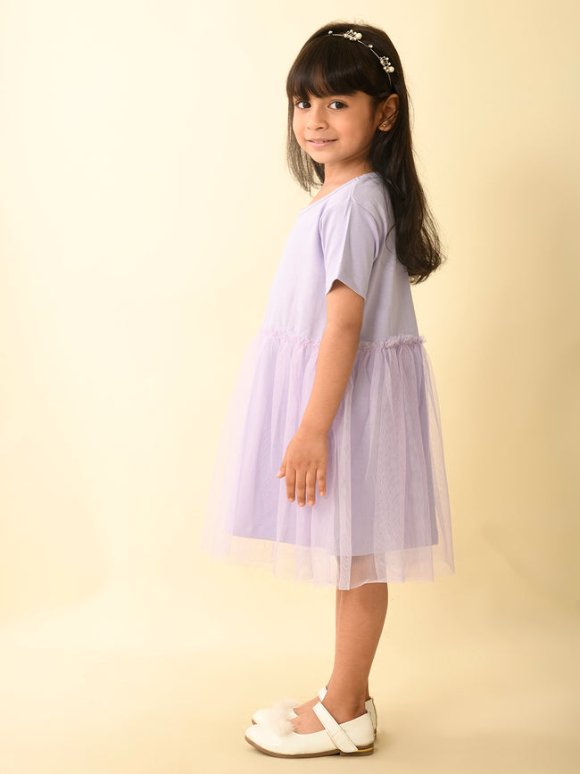 Solid Knee Length Drop Waist Net Dress