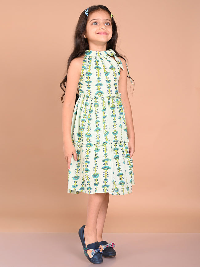 Batik Printed Neck Tieup Dropwaist Dress