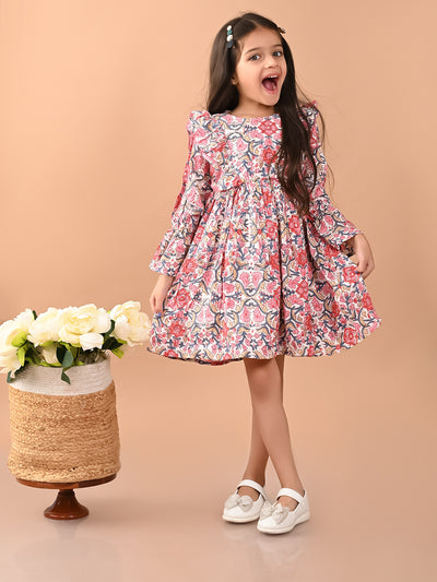 Floral Printed Full Sleeves Ruffle Fit n Flare Dress