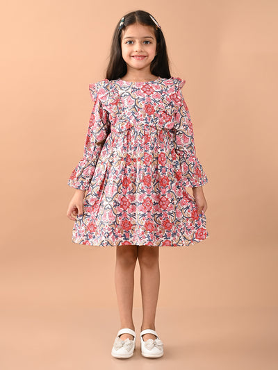 Floral Printed Full Sleeves Ruffle Fit n Flare Dress