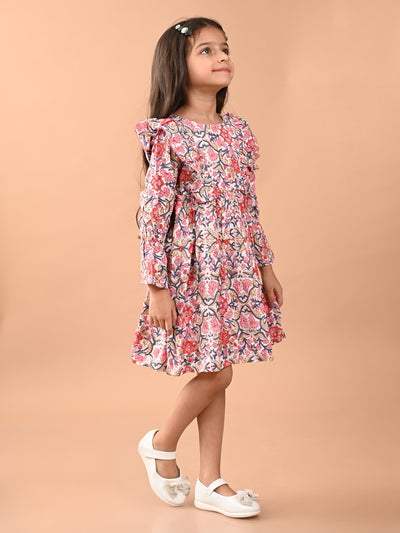 Floral Printed Full Sleeves Ruffle Fit n Flare Dress