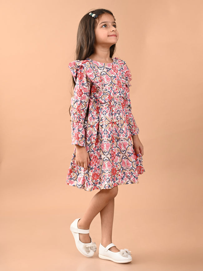 Floral Printed Full Sleeves Ruffle Fit n Flare Dress