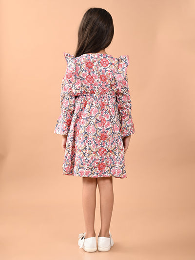 Floral Printed Full Sleeves Ruffle Fit n Flare Dress