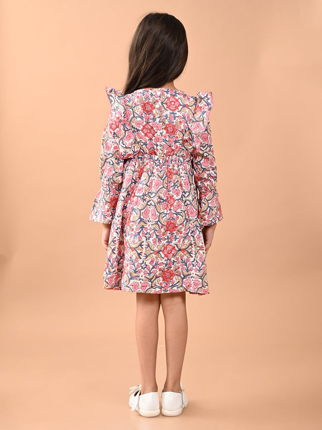 Floral Printed Full Sleeves Ruffle Fit n Flare Dress
