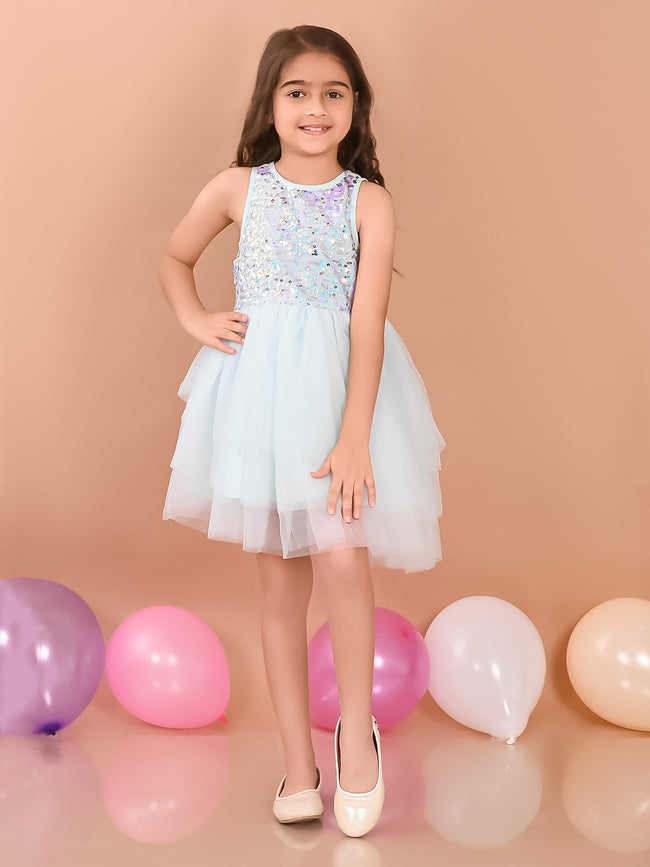 Sequin Embellished Knee Length Fit n Flare Net Dress