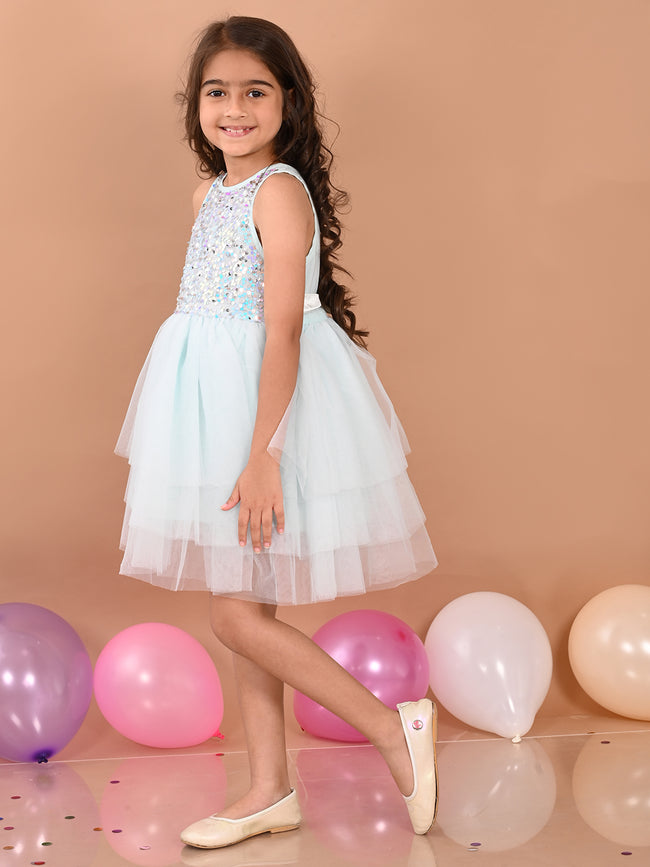 Sequin Embellished Knee Length Fit n Flare Net Dress