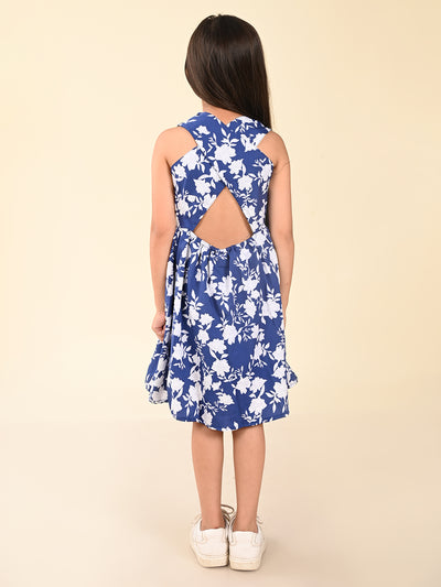 Floral Printed Sleeveless Criss Cross Back Fit n Flare Dress