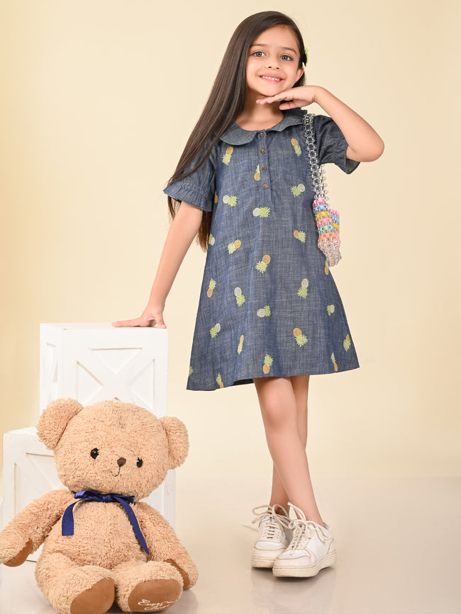 Pineapple Applique Button Down A-line Denim Dress