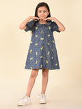 Pineapple Applique Button Down A-line Denim Dress