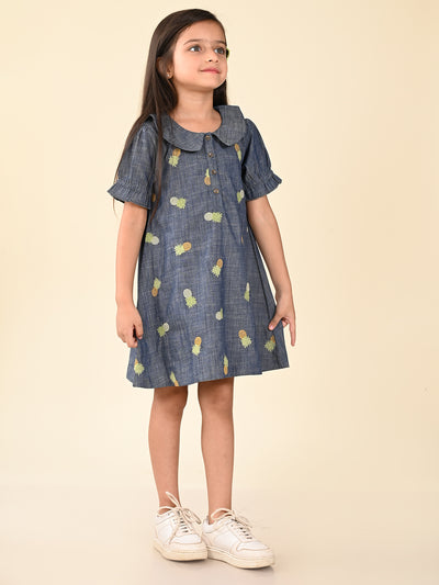 Pineapple Applique Button Down A-line Denim Dress