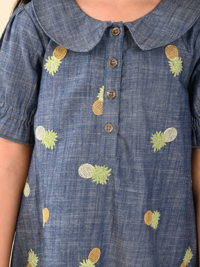 Pineapple Applique Button Down A-line Denim Dress