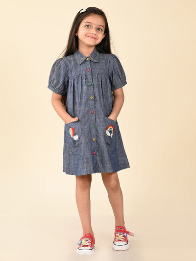 Solid Button Down Embroidered Pocket Shirt Dress