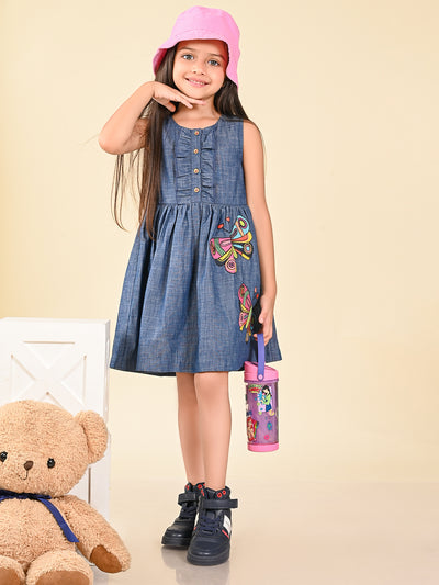 Butterfly Applique Button Down Fit n Flare Denim Dress