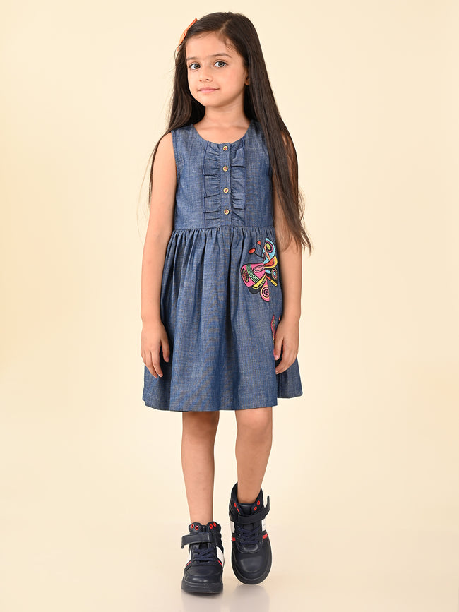 Butterfly Applique Button Down Fit n Flare Denim Dress