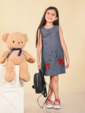 Bugs Applique Solid Fit n Flare Sleeveless Denim Dress
