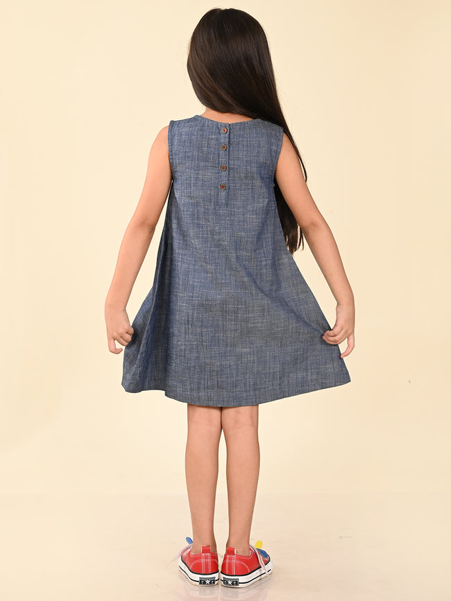 Bugs Applique Solid Fit n Flare Sleeveless Denim Dress