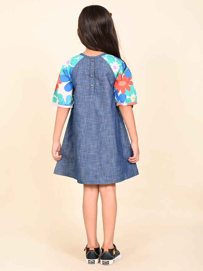 Printed Sleeves A-line Solid Pocket Dress