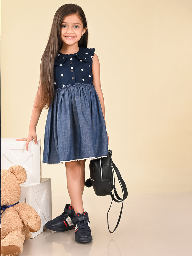 Polka Printed Sleeveless Fit n Flare Denim Dress