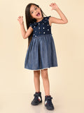 Polka Printed Sleeveless Fit n Flare Denim Dress