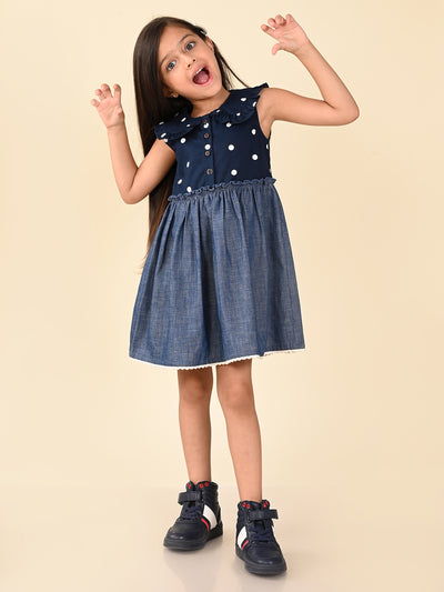 Polka Printed Sleeveless Fit n Flare Denim Dress