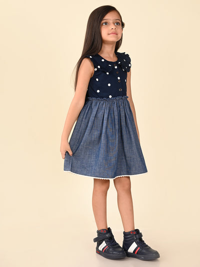 Polka Printed Sleeveless Fit n Flare Denim Dress