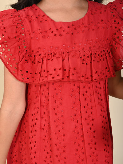 Schiffli Embroidered Sleeveless Ruffle Fit n Flare Dress