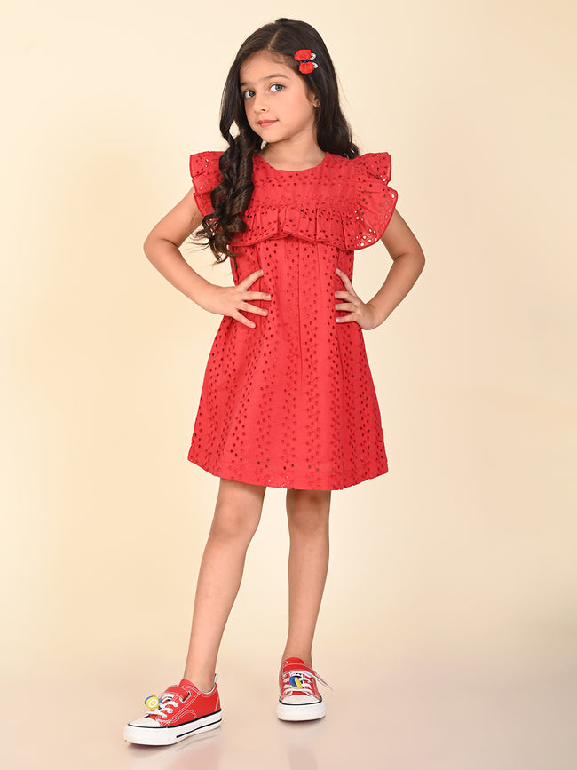 Schiffli Embroidered Sleeveless Ruffle Fit n Flare Dress