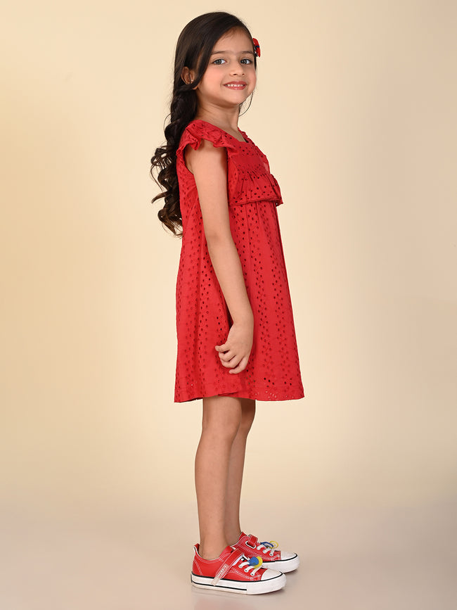 Schiffli Embroidered Sleeveless Ruffle Fit n Flare Dress