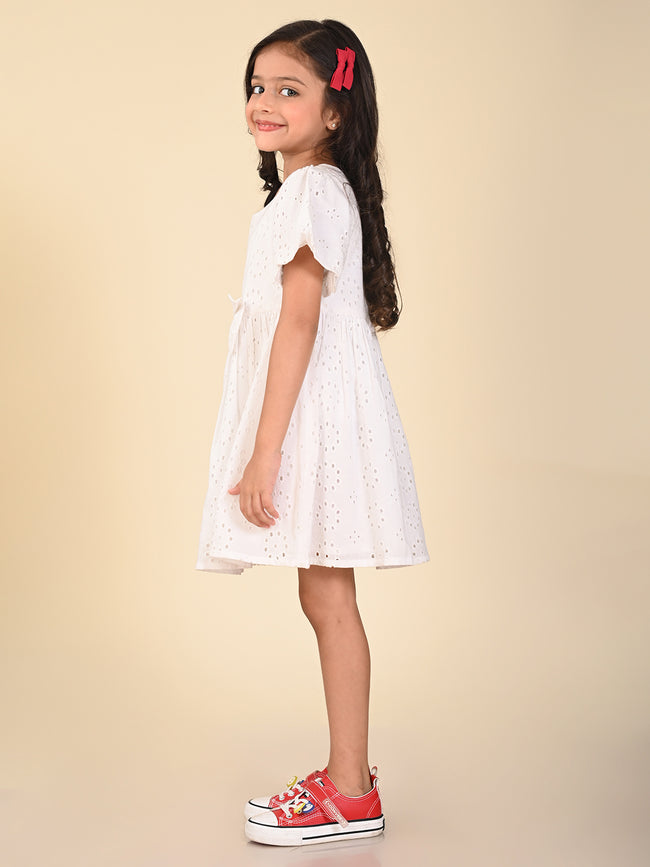 Schiffli Embroidered Knee Length Fit n Flare Bow Dress