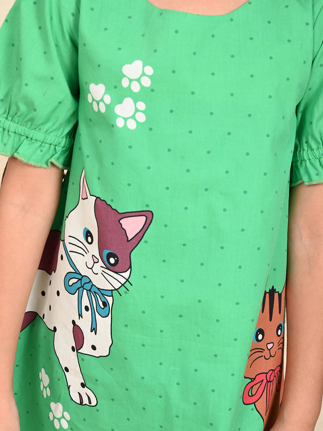 Cat Printed Knee Length A-line Dress