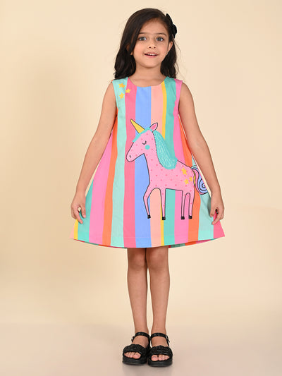 Unicorn Printed Multistripes Sleeveless A-line Dress