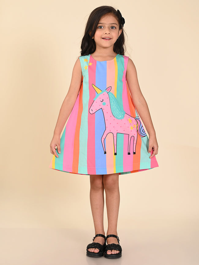 Unicorn Printed Multistripes Sleeveless A-line Dress